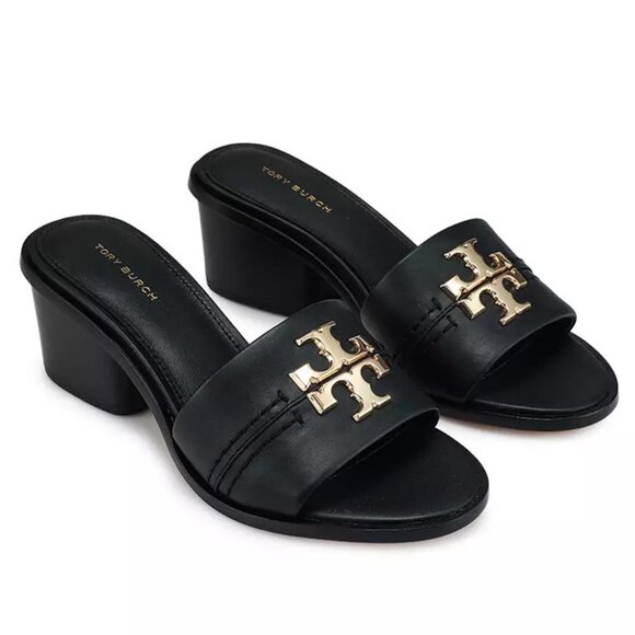 Tory Burch Black Sandals with Gold Logo - Picture 2 of 9